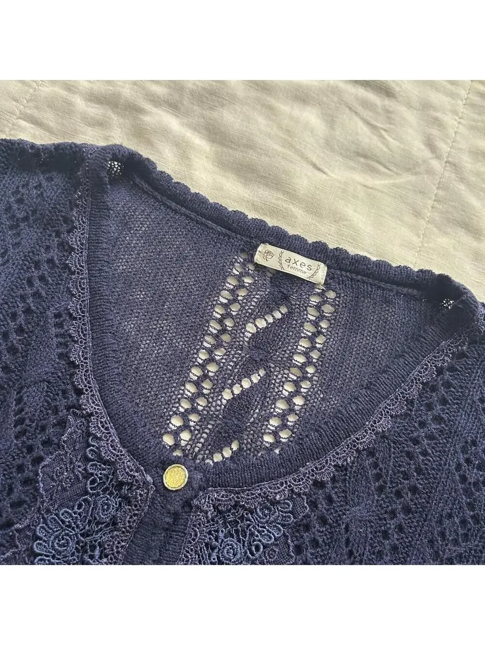 Axes Femme Navy Pointelle Lace Knit Cardigan Gold Buttons Medium Japan